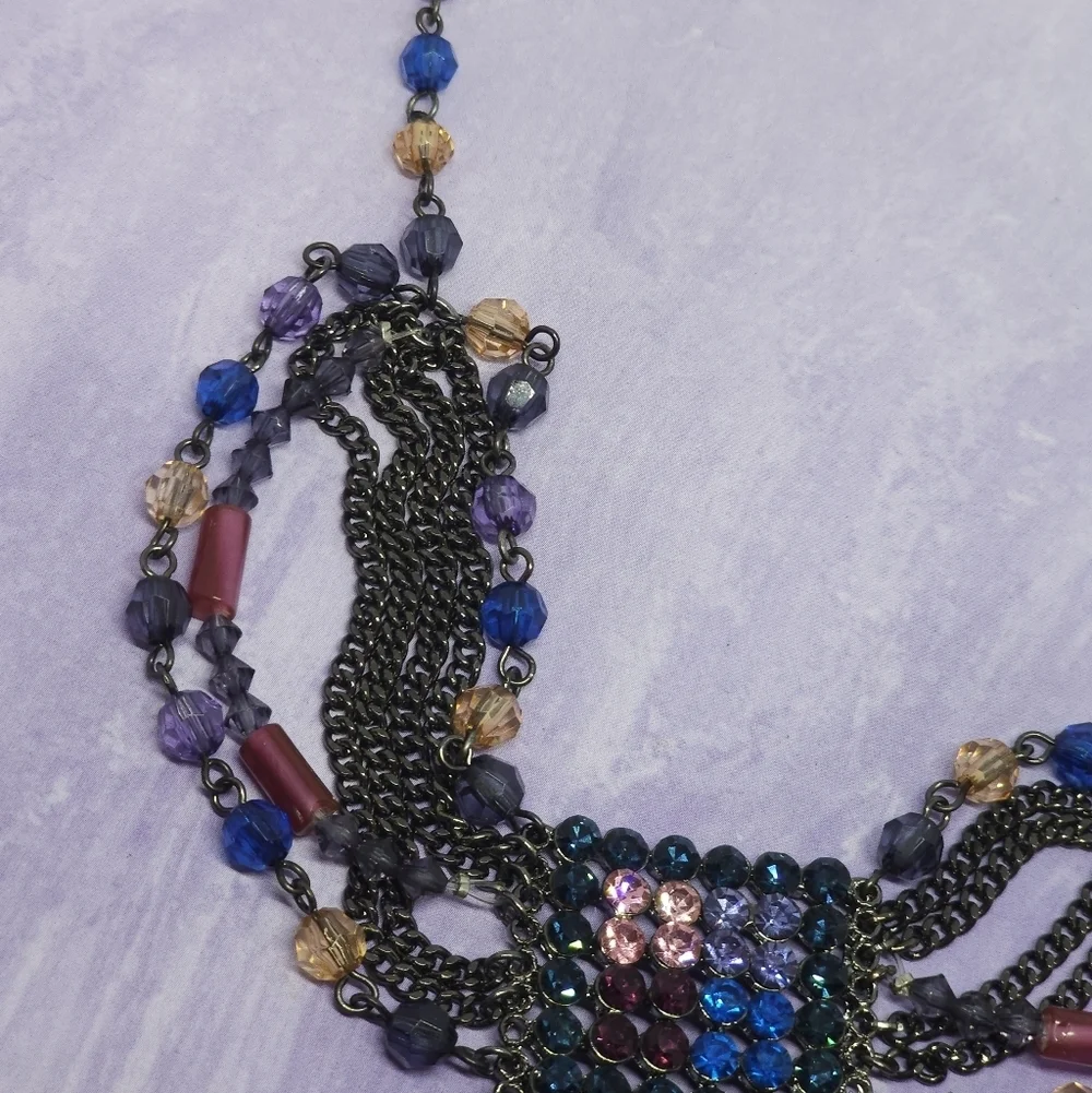 Joann She Multi-Strand Necklace Square Multi-Colored Rhinestone & Bead Pendant